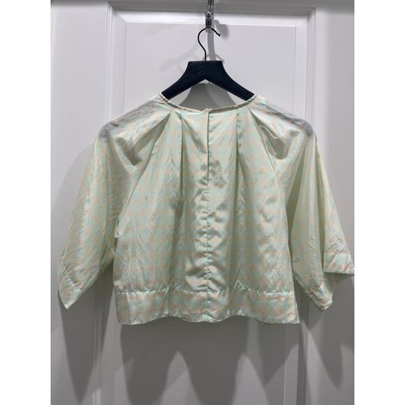 Apiece Apart Roberta Crop Top Short Sleeve Mint Green Grid Blouse Sz 4 - Picture 7 of 8